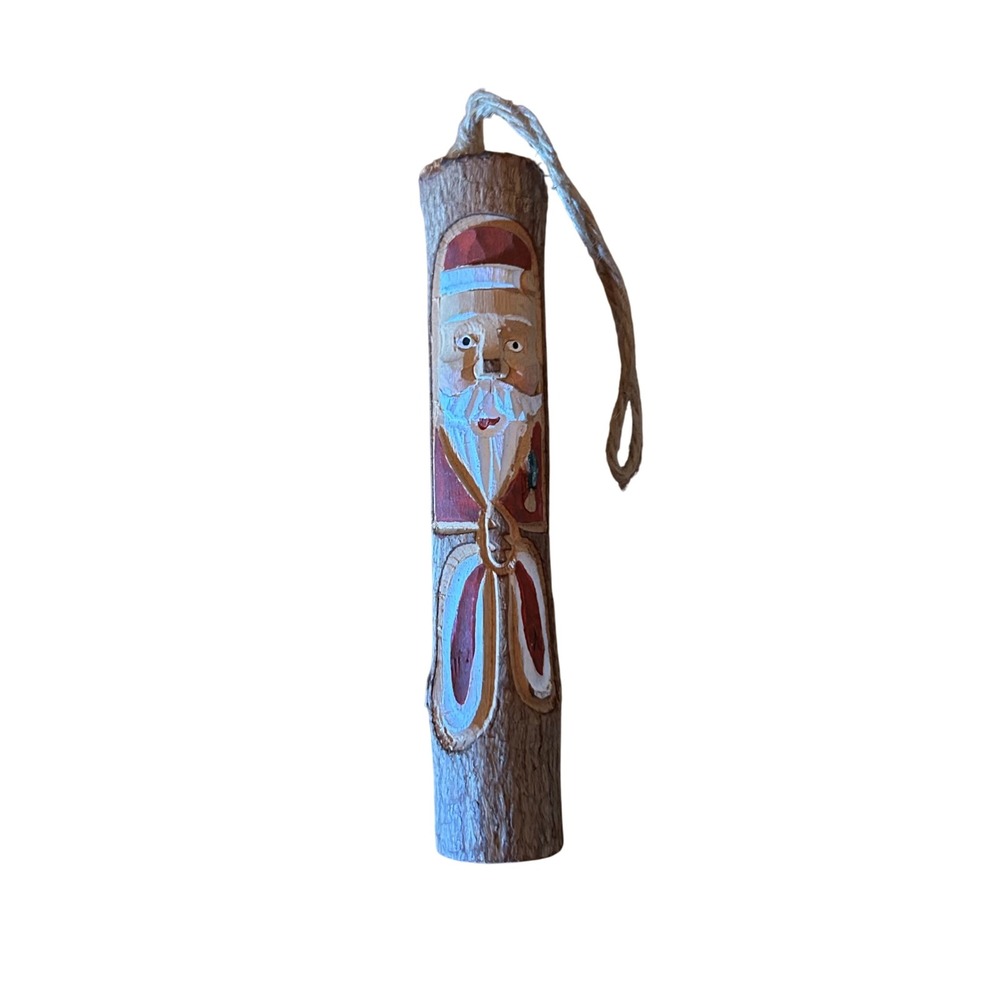 Hand Carved Wooden Santa Claus Christmas‎ Ornament Rustic Log Holiday Vintage